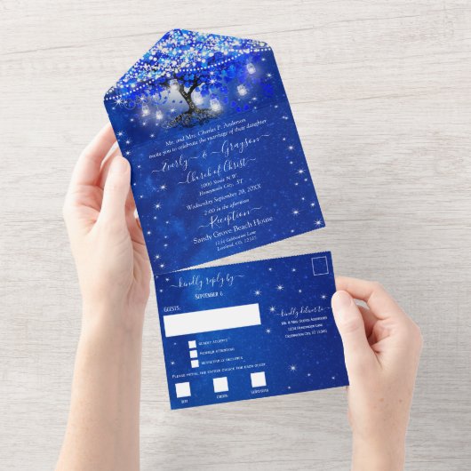 Invitation Tout En Un Élégant Royal Blue Heart Leaf Tree Mariage tout en (Déchirure)