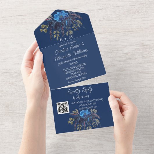 Invitation Tout En Un Elégant Royal Blue Navy Floral Moderne RSVP QR Cod (Déchirure)
