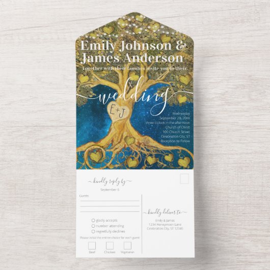 Invitation Tout En Un Elégant Rustic Gold Heart Leaf Mariage (À l'intérieur)