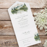 Invitation Tout En Un Élégant Rustic Pine Mariage paysage de montagne<br><div class="desc">L'élégante Rustic Pine Mountain Landscape Mariage All in One Invitation présente un script de calligraphie unique associé à un style élégant,  ainsi qu'une aquarelle élégante du paysage de montagne.</div>