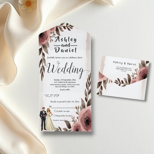 Invitation Tout En Un Elégant Rustique Aquarelle Floral Romantique Maria