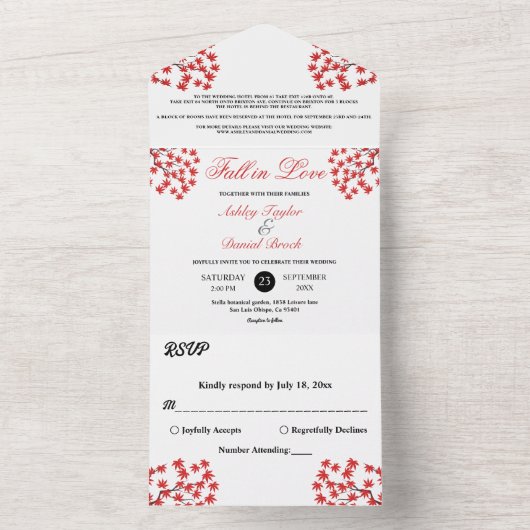 Invitation Tout En Un Élégant Rustique Automne Rouge Feuilles Boho Autom (À l'intérieur)