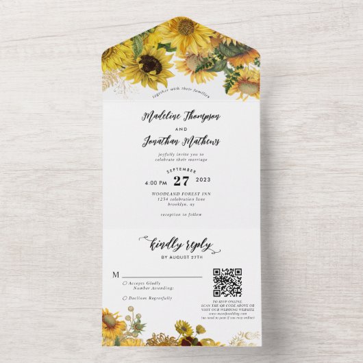 Invitation Tout En Un Élégant Rustique Sunflower Gold QR Code Mariage (À l'intérieur)