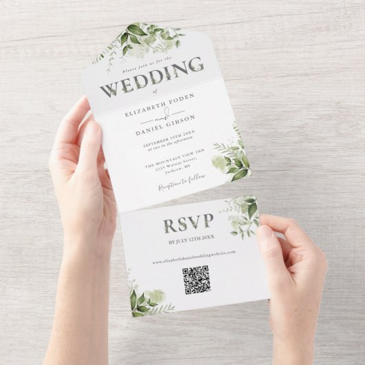 Invitation Tout En Un Élégant rustique verdure QR Code Mariage (Déchirure)