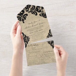 Invitation Tout En Un Élégant Rustique Vintage victorien Floral Damask