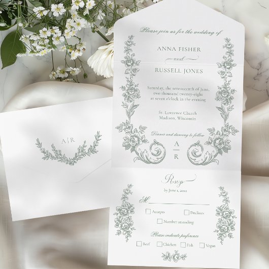 Invitation Tout En Un Elegant Sage Baroque Roses Wedding