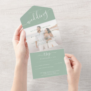 Invitation Tout En Un Élégant Sage Green Calligraphy Mariage photo