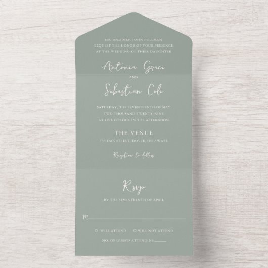 Invitation Tout En Un Élégant Sage Green Mariage moderne (À l'intérieur)