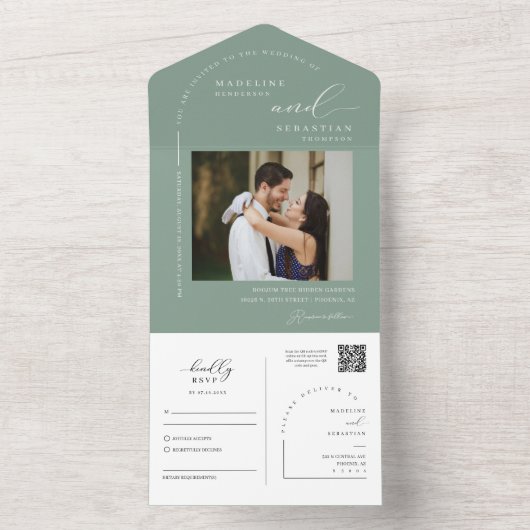 Invitation Tout En Un Elégant Sage Green Minimal Arch QR Code photo (À l'intérieur)