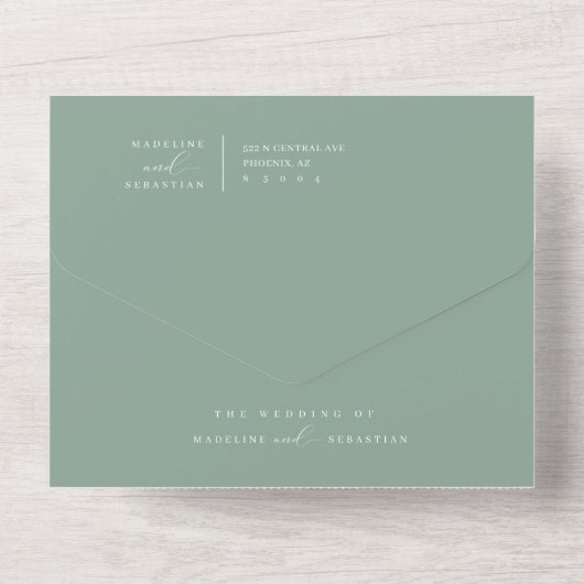 Invitation Tout En Un Elégant Sage Green Minimal Arch QR Code photo (Verso)