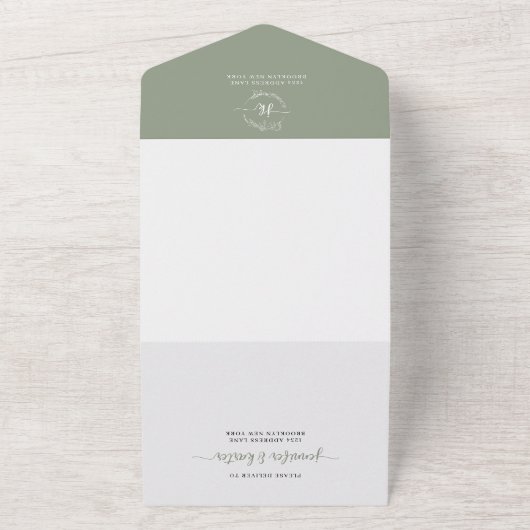 Invitation Tout En Un Élégant Sage Green Monogramme QR Code Mariage phot (Dehors)