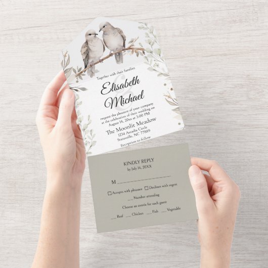 Invitation Tout En Un Elégant Sage Green Repas Mariage Arbre RSVP (Déchirure)