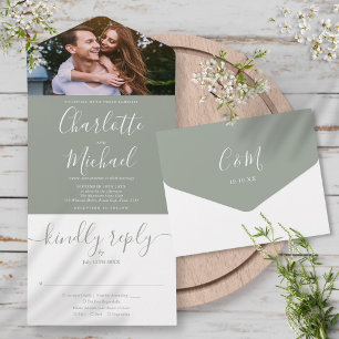 Invitation Tout En Un Elegant Sage Green Script moderne Mariage photo