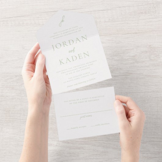 Invitation Tout En Un Élégant Sage Green Script Monogramme Mariage (Déchirure)