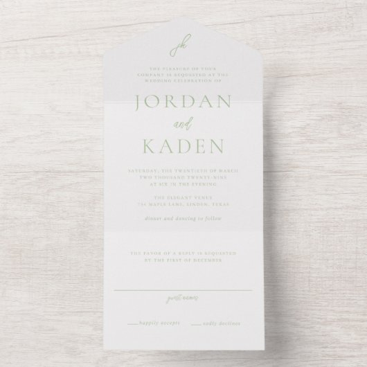 Invitation Tout En Un Élégant Sage Green Script Monogramme Mariage (À l'intérieur)