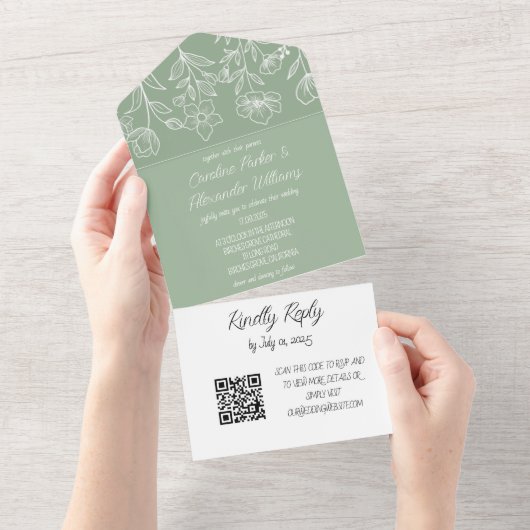 Invitation Tout En Un Elégant Sage Vert Floral moderne RSVP QR Code (Déchirure)