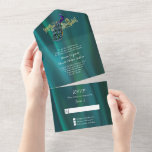 Invitation Tout En Un Élégant Satin Turquoise et Peacock<br><div class="desc">Chic satin turquoise à l'aspect triple faire-part de mariage,  avec de jolis graphiques d'un ton or fleurissent avec une décoration paon coloré. Le texte personnalisé prêt à être personnalisé pour votre jour de mariage. Produits correspondants disponibles.</div>
