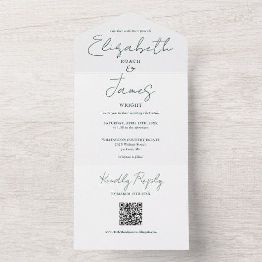 Invitation Tout En Un Élégant script chic Emerald Green QR Code Mariage (À l'intérieur)