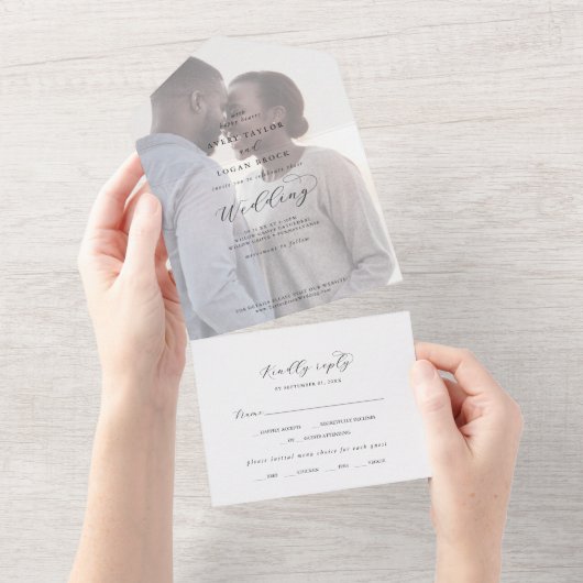 Invitation Tout En Un Élégant Script Faded Photo Mariage All In One Invi (Déchirure)