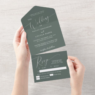 Invitation Tout En Un Élégant script Mariage minimal vert