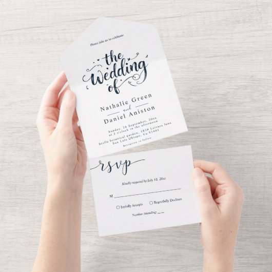 Invitation Tout En Un Élégant Script Marine bleu et blanc Mariage modern (Déchirure)