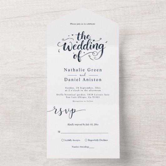 Invitation Tout En Un Élégant Script Marine bleu et blanc Mariage modern (À l'intérieur)