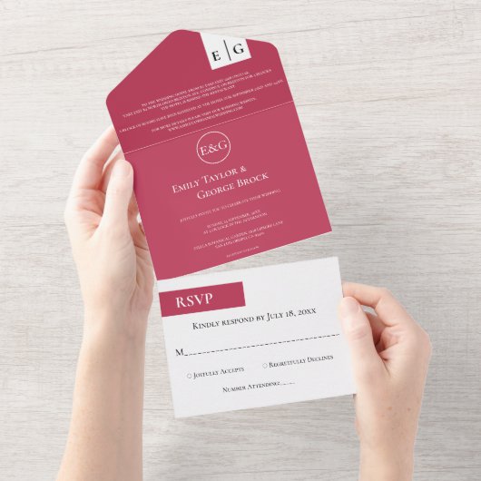 Invitation Tout En Un Élégant script moderne Magenta Monogramme Mariage (Déchirure)