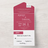 Invitation Tout En Un Élégant script moderne Magenta Monogramme Mariage (À l'intérieur)