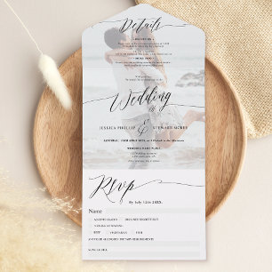 Invitation Tout En Un Élégant script noir blanc moderne mariage photo