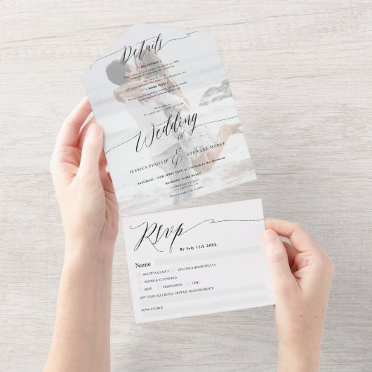 Invitation Tout En Un Élégant script noir blanc moderne mariage photo (Déchirure)