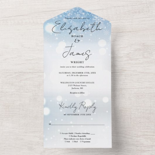 Invitation Tout En Un Élégant Script Snowflakes Mariage d'hiver (À l'intérieur)