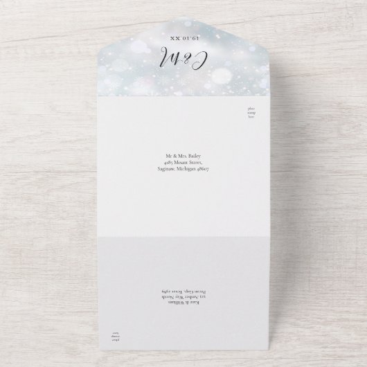 Invitation Tout En Un Élégant Script Snowflakes Mariage d'hiver (Dehors)