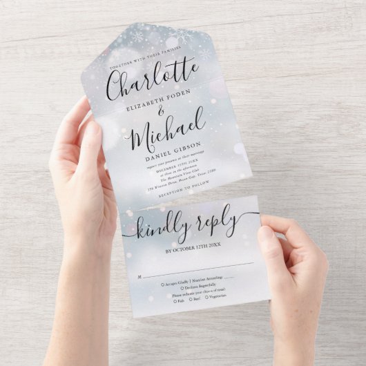 Invitation Tout En Un Élégant Script Snowflakes Mariage d'hiver (Déchirure)