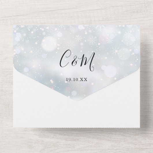 Invitation Tout En Un Élégant Script Snowflakes Mariage d'hiver (Verso)
