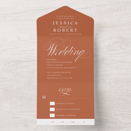 Invitation Tout En Un Élégant Script Terracotta Rust Calligraphie Mariag (À l'intérieur)