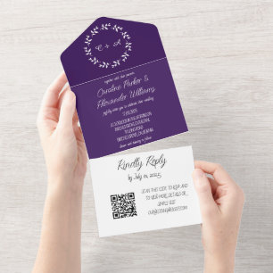 Invitation Tout En Un Élégant script violet unique moderne RSVP QR Code