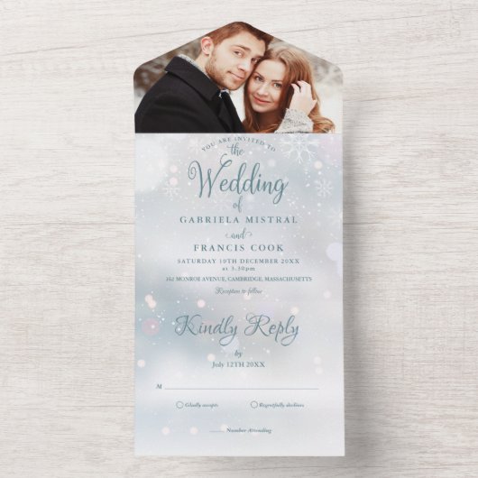 Invitation Tout En Un Élégant Script Winter Snowflakes Photo Mariage (À l'intérieur)