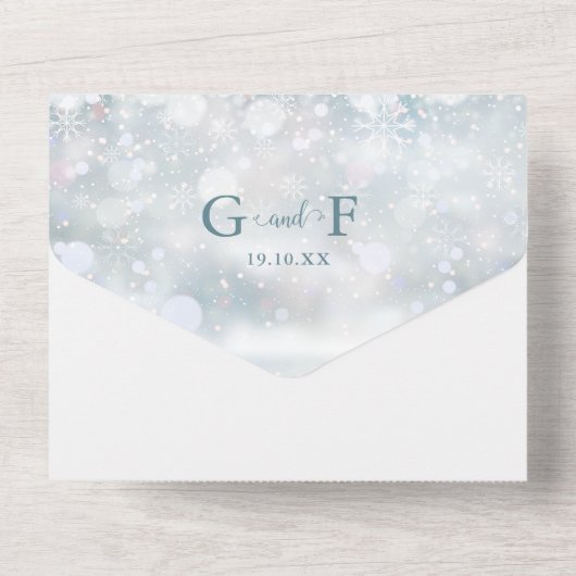 Invitation Tout En Un Élégant Script Winter Snowflakes Photo Mariage (Verso)