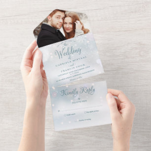 Invitation Tout En Un Élégant Script Winter Snowflakes Photo Mariage