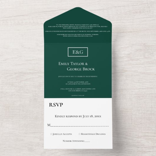 Invitation Tout En Un Élégant simple Monogramme vert Mariage moderne (À l'intérieur)