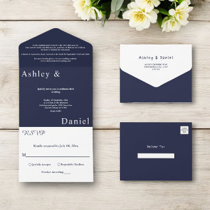 Invitation Tout En Un Elégant Simple Navy Bleu Blanc Luxe Chic Mariage