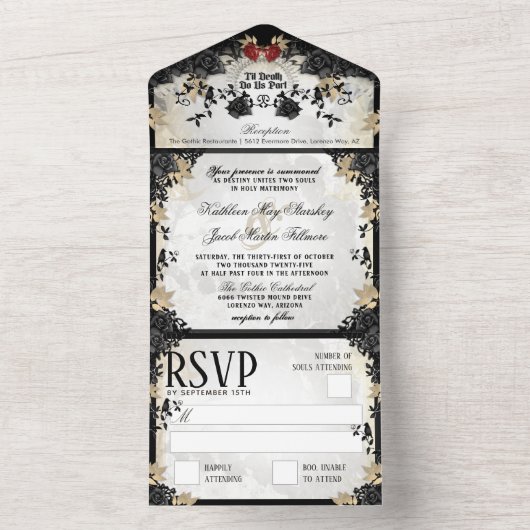 Invitation Tout En Un Elégant Skeletons Rose noir Halloween (À l'intérieur)