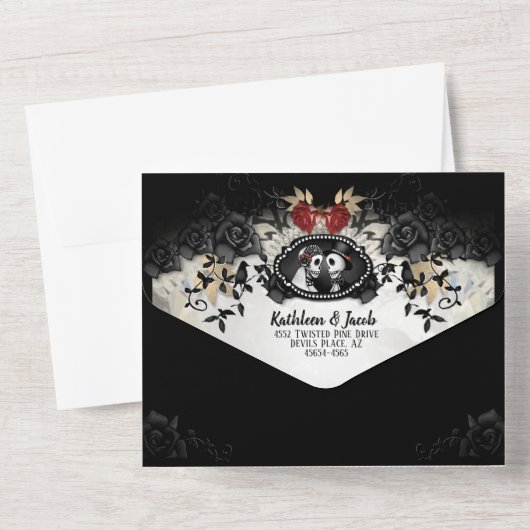 Invitation Tout En Un Elégant Skeletons Rose noir Halloween (Verso)