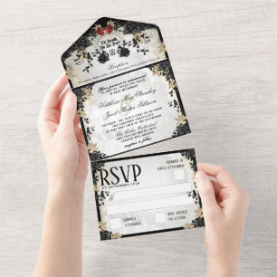 Invitation Tout En Un Elégant Skeletons Rose noir Halloween