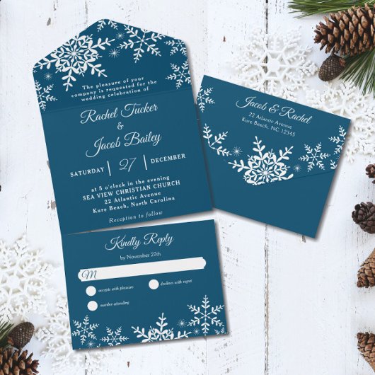 Invitation Tout En Un Élégant Snowflakes Dark Blue Navy Mariage hivernal