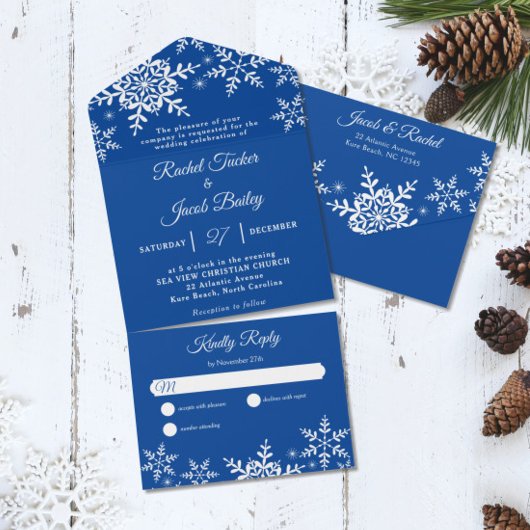 Invitation Tout En Un Élégant Snowflakes Deep Blue Winter Wedding