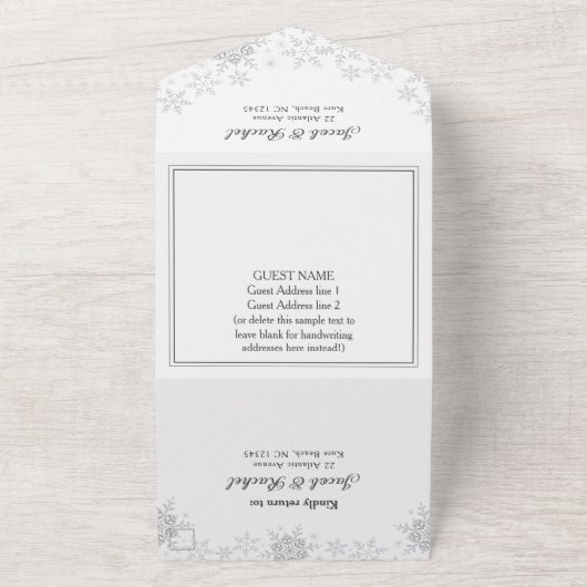 Invitation Tout En Un Élégant Snowflakes Frontière Blanc Mariage de Noël (Dehors)