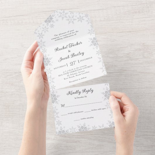 Invitation Tout En Un Élégant Snowflakes Frontière Blanc Mariage de Noël (Déchirure)