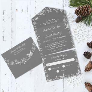 Invitation Tout En Un Élégant Snowflakes Mariage de Noël gris argent