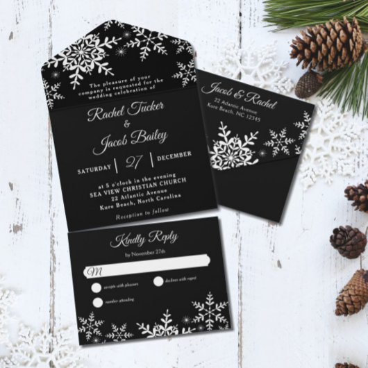 Invitation Tout En Un Élégant Snowflakes Noir & Blanc Mariage d'hiver